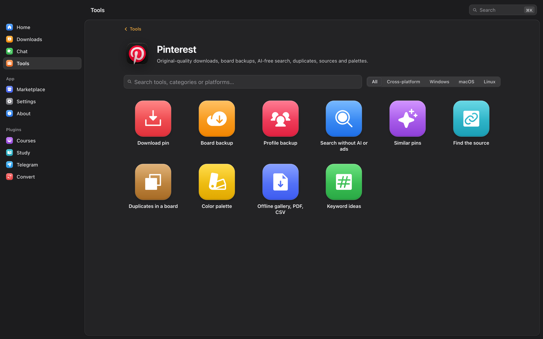 Pinterest tools in OmniGet: download pin, board backup, profile backup, search without AI or ads, similar pins, find the source, duplicates, color palette, offline gallery and keyword ideas