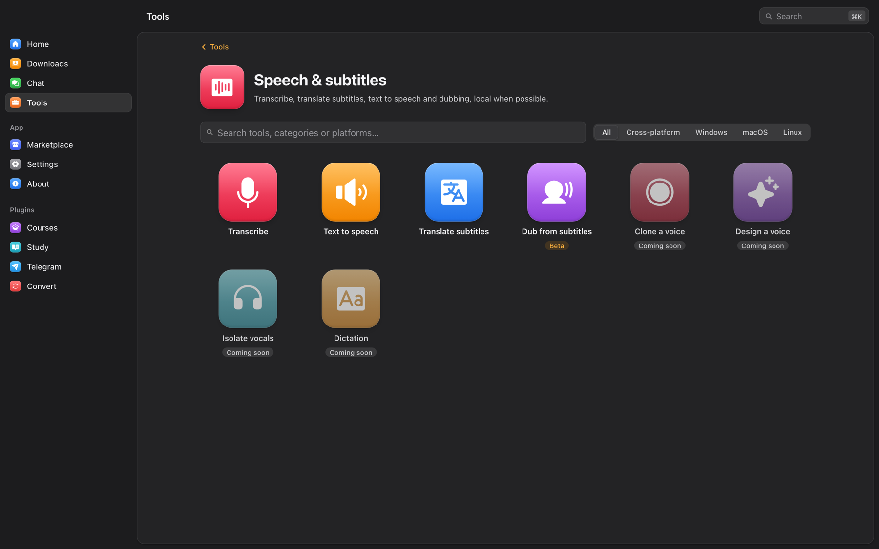 Speech and subtitles tools in OmniGet: transcribe with whisper.cpp, text to speech, translate subtitles, dub from subtitles, and planned voice cloning, voice design, vocal isolation and dictation