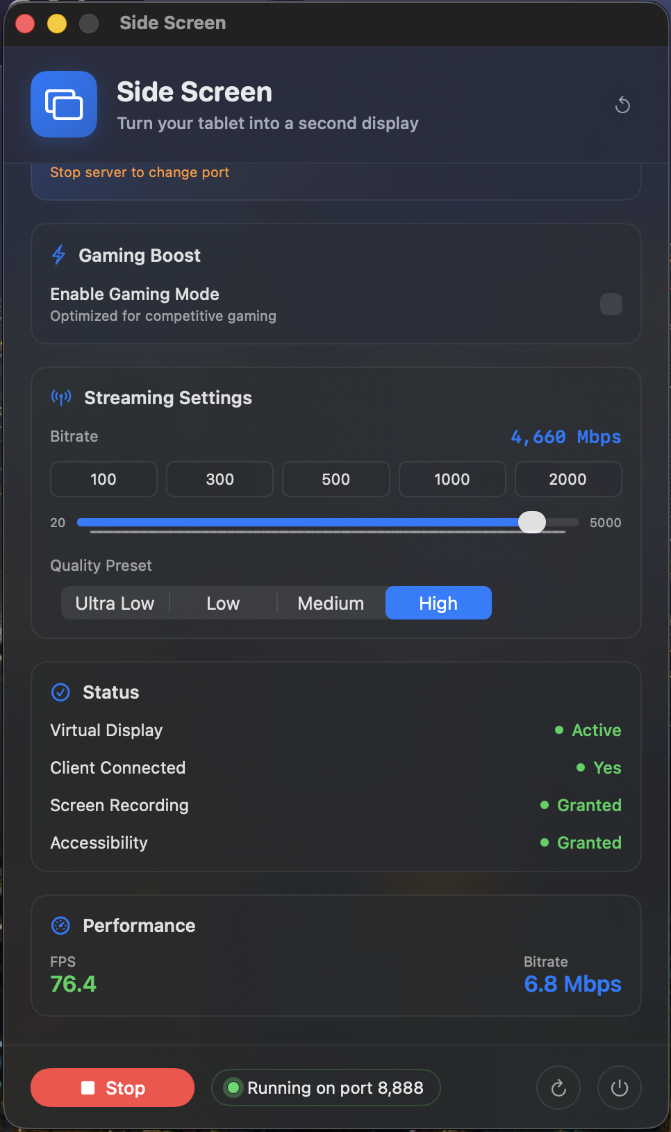 macOS Settings — Streaming & Status