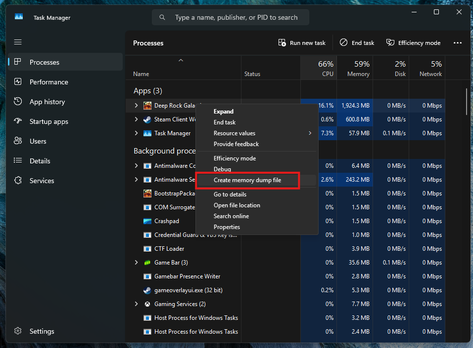 create minidump via task manager