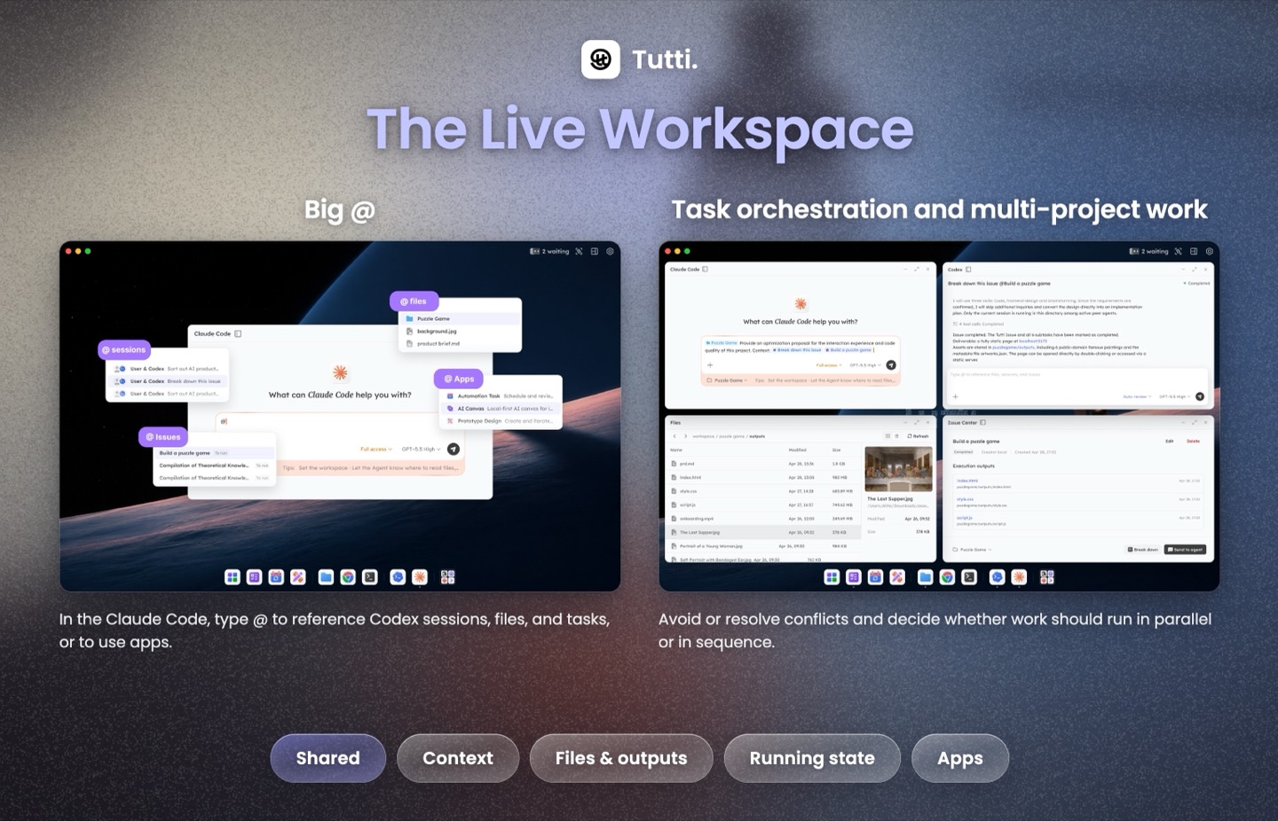 The live workspace — agents sharing one live context, files, and running state