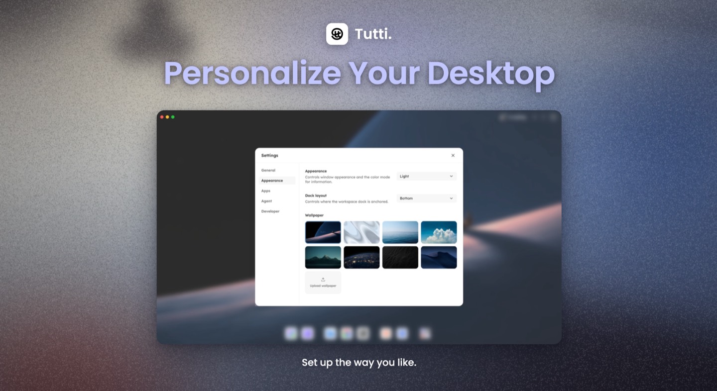 Personalize Your Workspace — dark or light mode, desktop background, dock, and icon styles