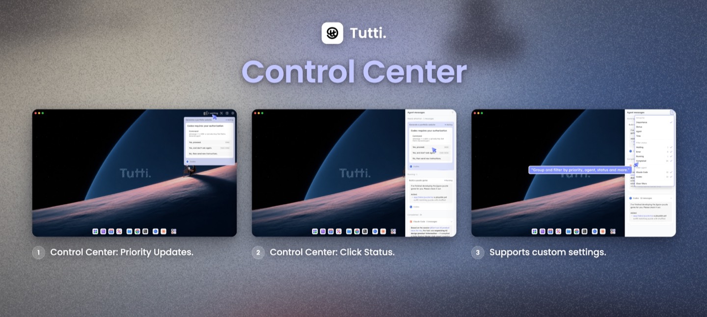 Control Center — every agent conversation, pending approval, and running task in one view
