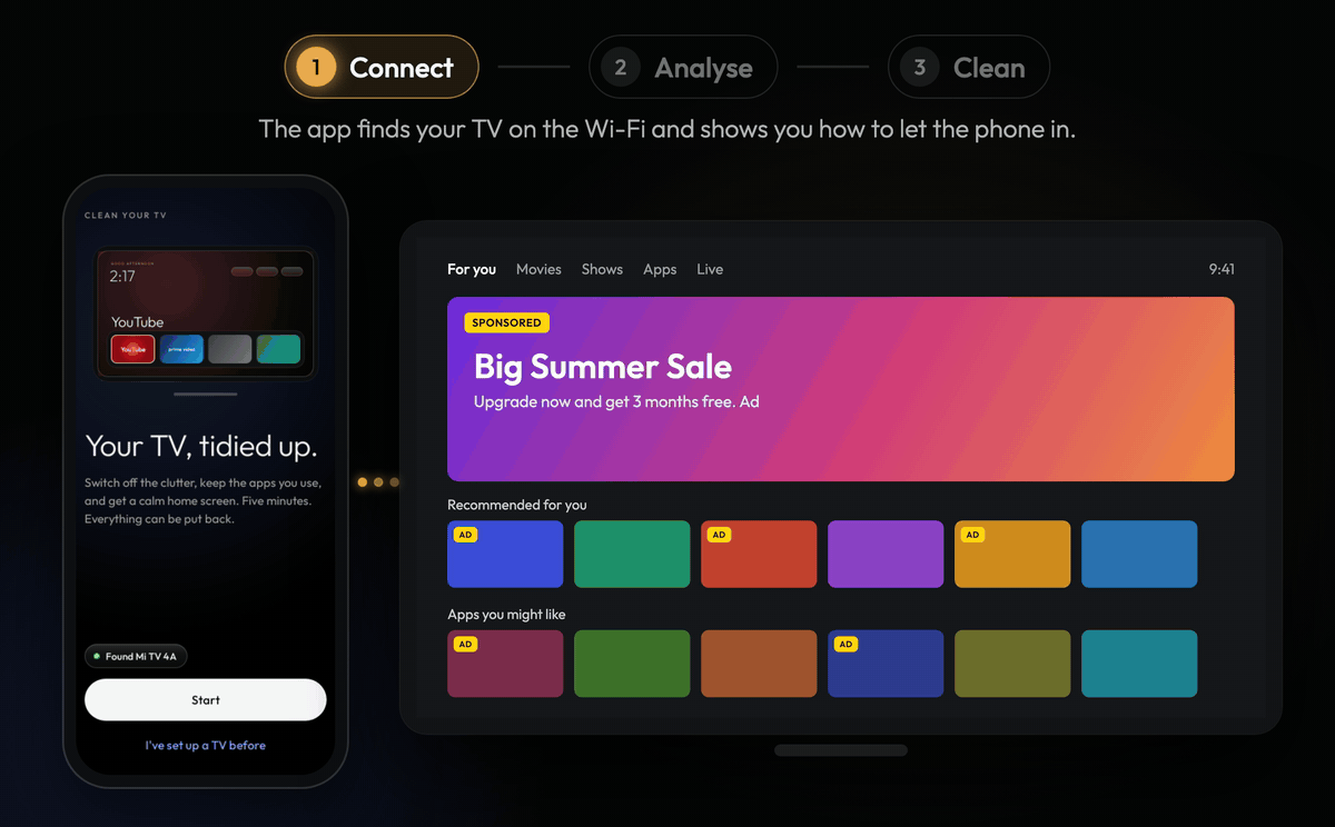 Three steps, phone and TV side by side. 1 Connect: the app finds the TV and the TV asks to allow the phone. 2 Analyse: the phone reads the TV and shows 22 things to switch off while the TV is untouched. 3 Clean: the phone shows Making it clean while the TV shows a lantern scanning the old cards and drawing them into a soft black hole, and the TV ends on its new home screen.