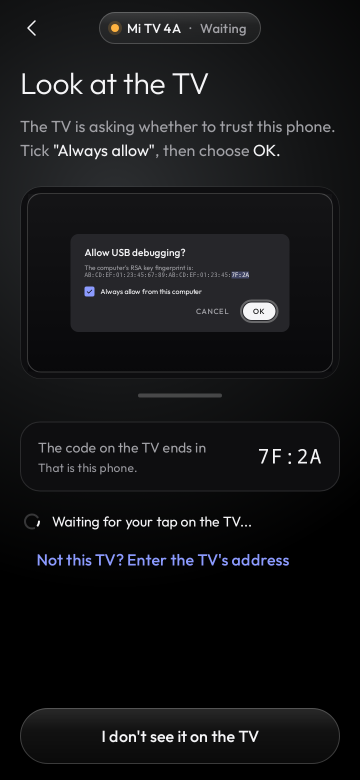 Look at the TV: the TV asks whether to trust this phone; tick Always allow, then choose OK