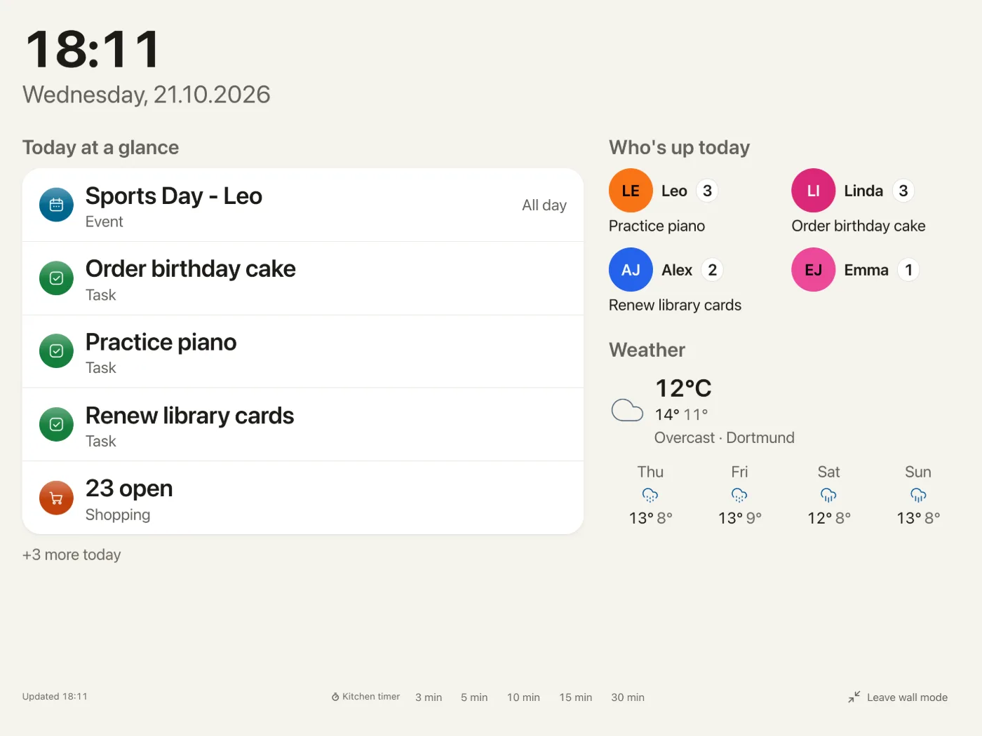 Yuvomi wall mode on a landscape tablet: the time in large type, today's events, tasks and shopping, who is up today, the weather and one-tap kitchen timers