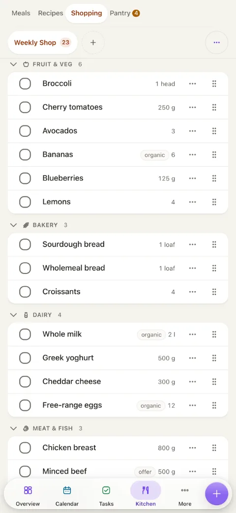 The shared shopping list on a phone, sorted by aisle: fruit and veg, bakery, dairy, meat and fish