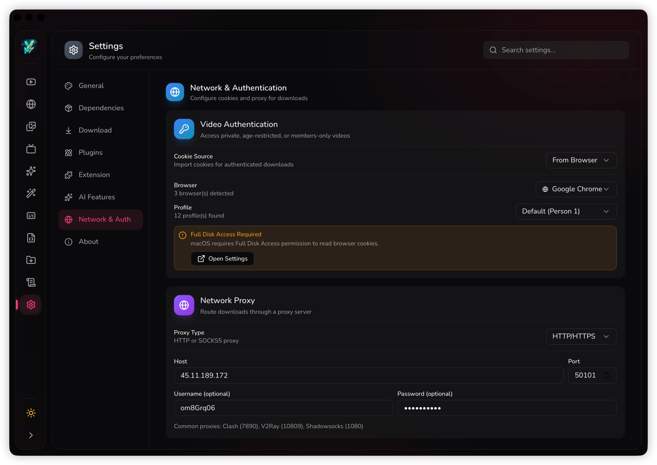 Youwee - Setting - Network & Auth
