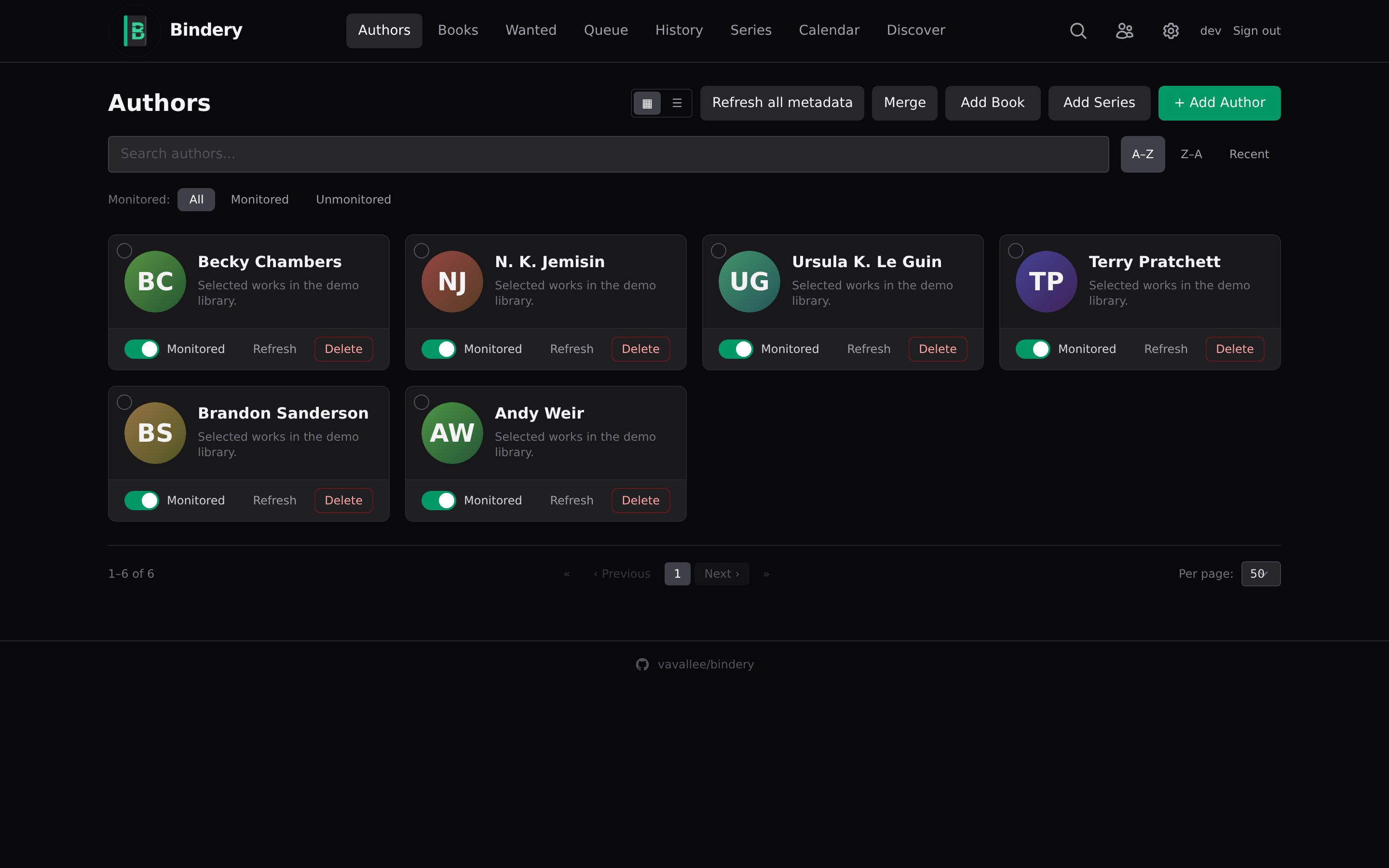 Bindery — Authors overview with monitoring badges