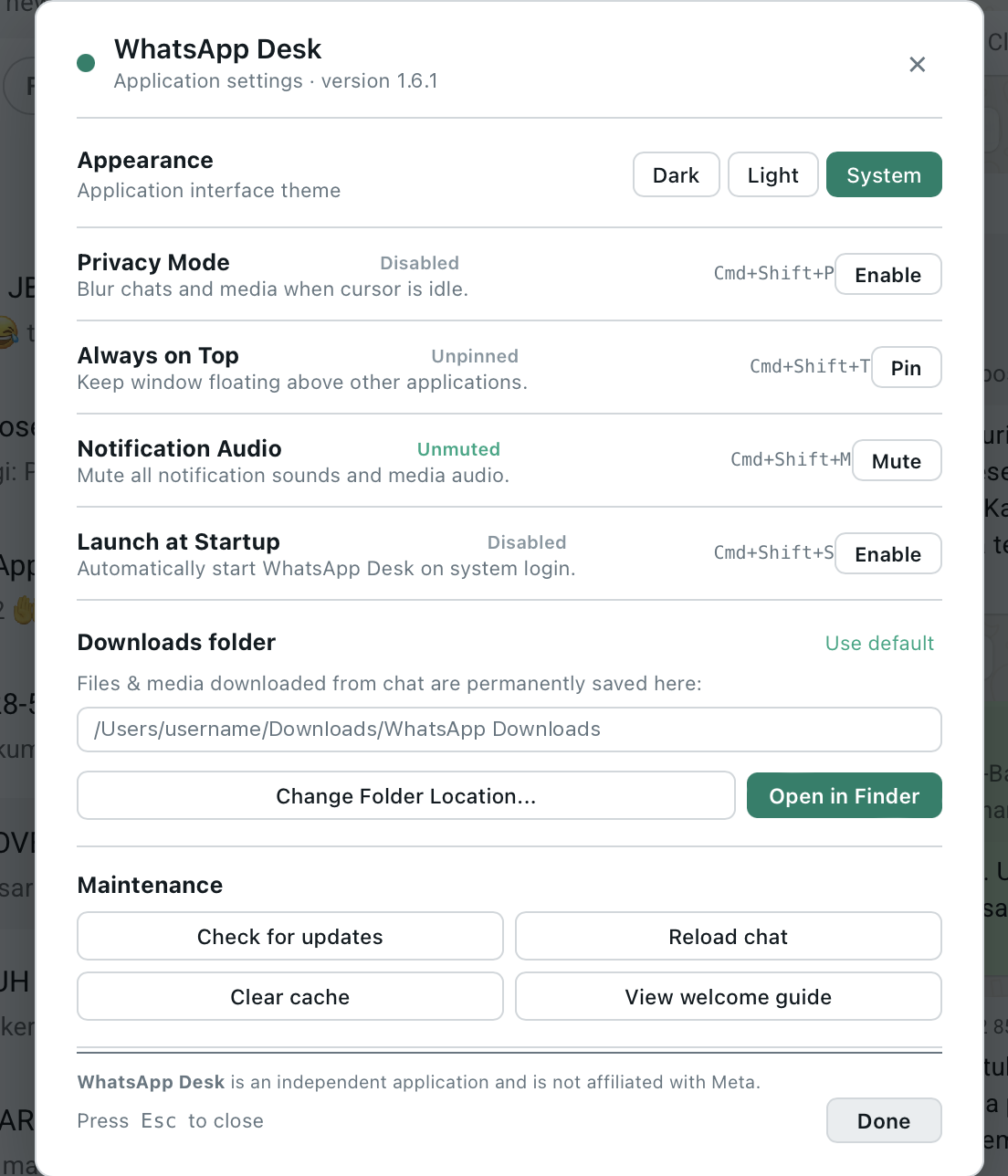WhatsApp Desk settings and customisation panel