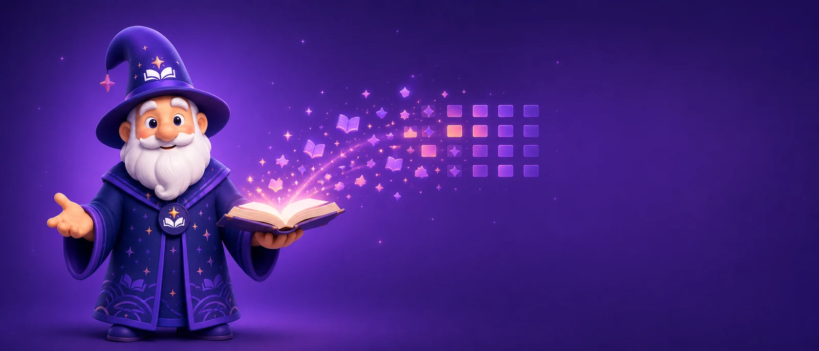 Booklin, the book-to-skill wizard, holding an open book whose pages scatter into sparkles that settle into an ordered grid
