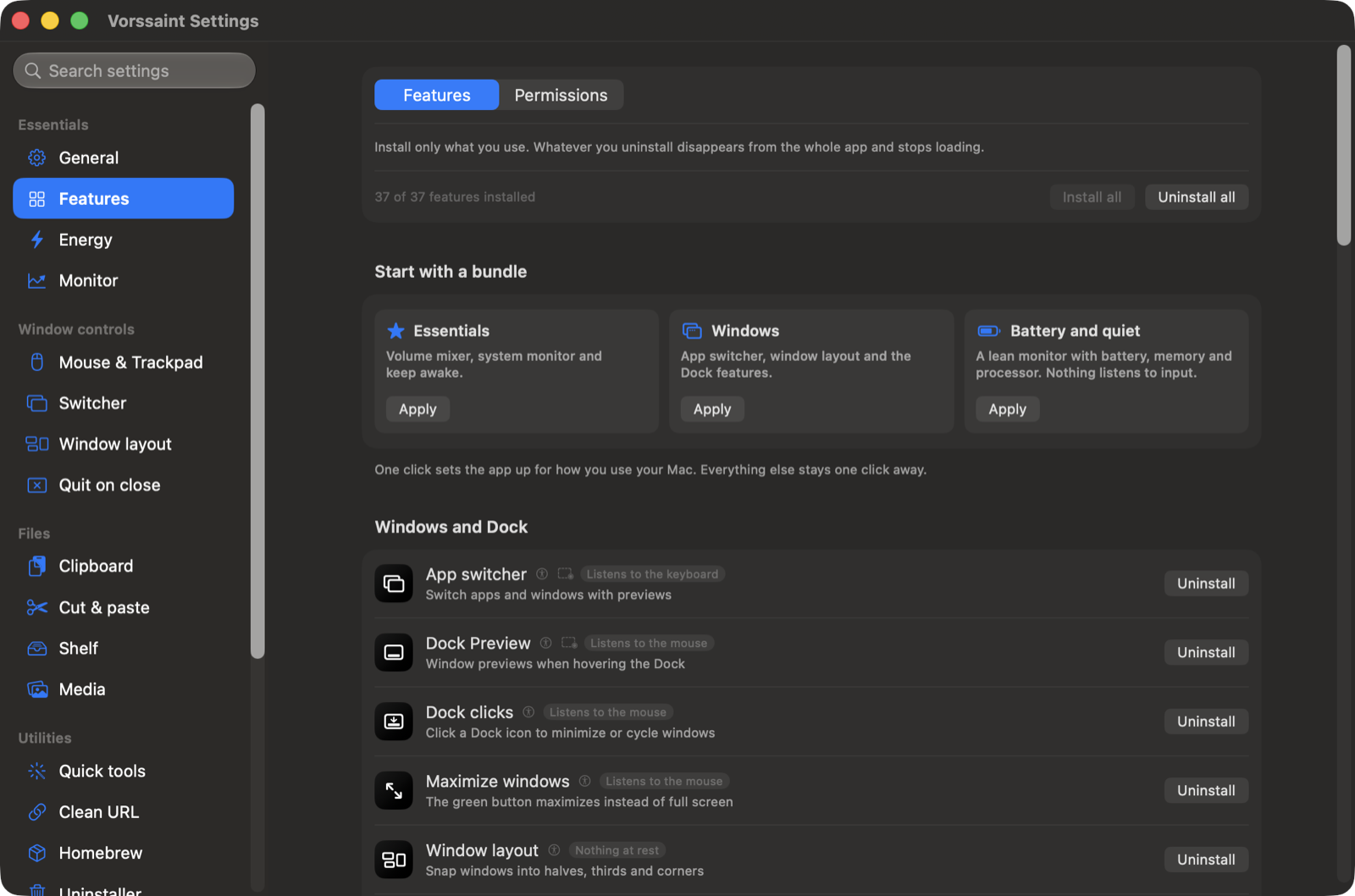 The Features hub in Settings, installing and uninstalling whole features