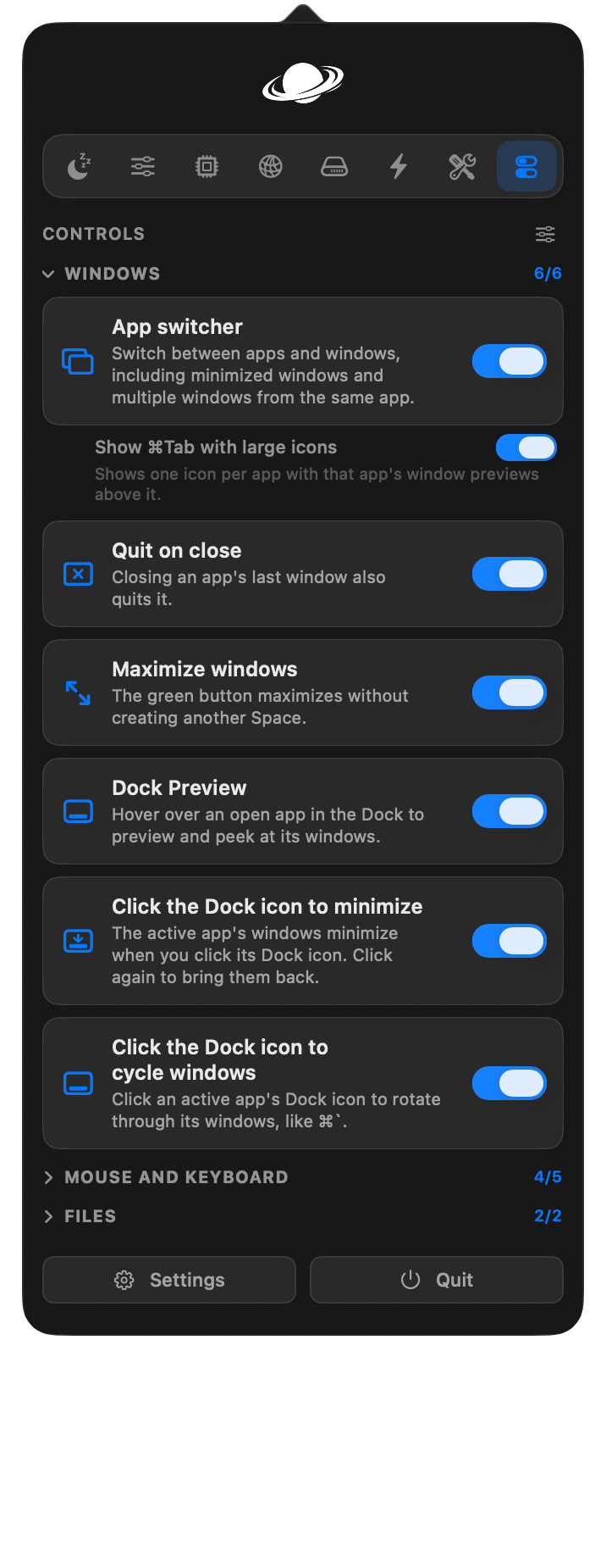 Window controls with the app switcher and Dock features