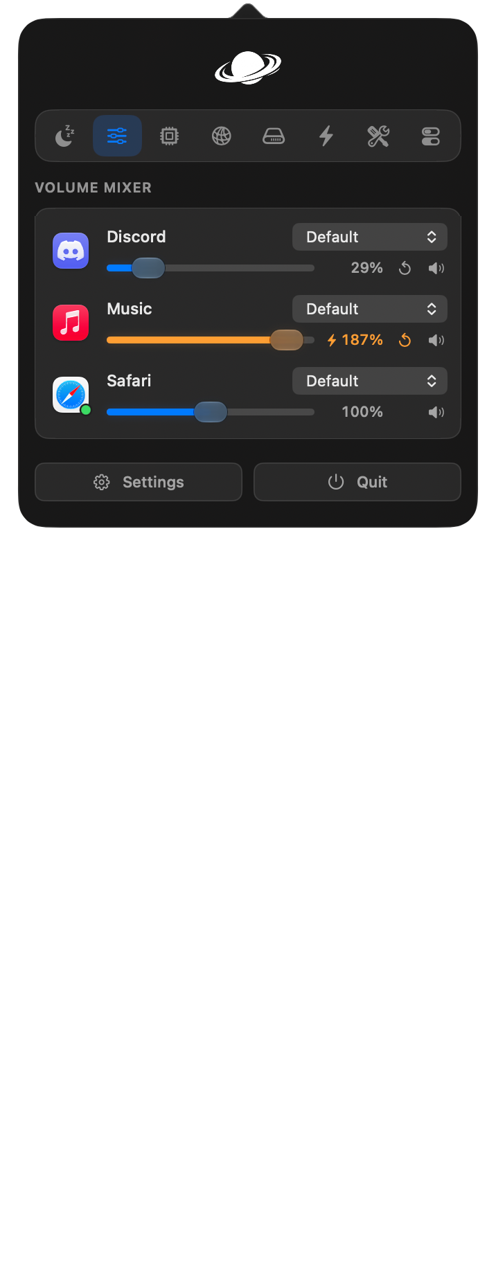 Volume mixer with per app sliders, one app boosted past 100 percent