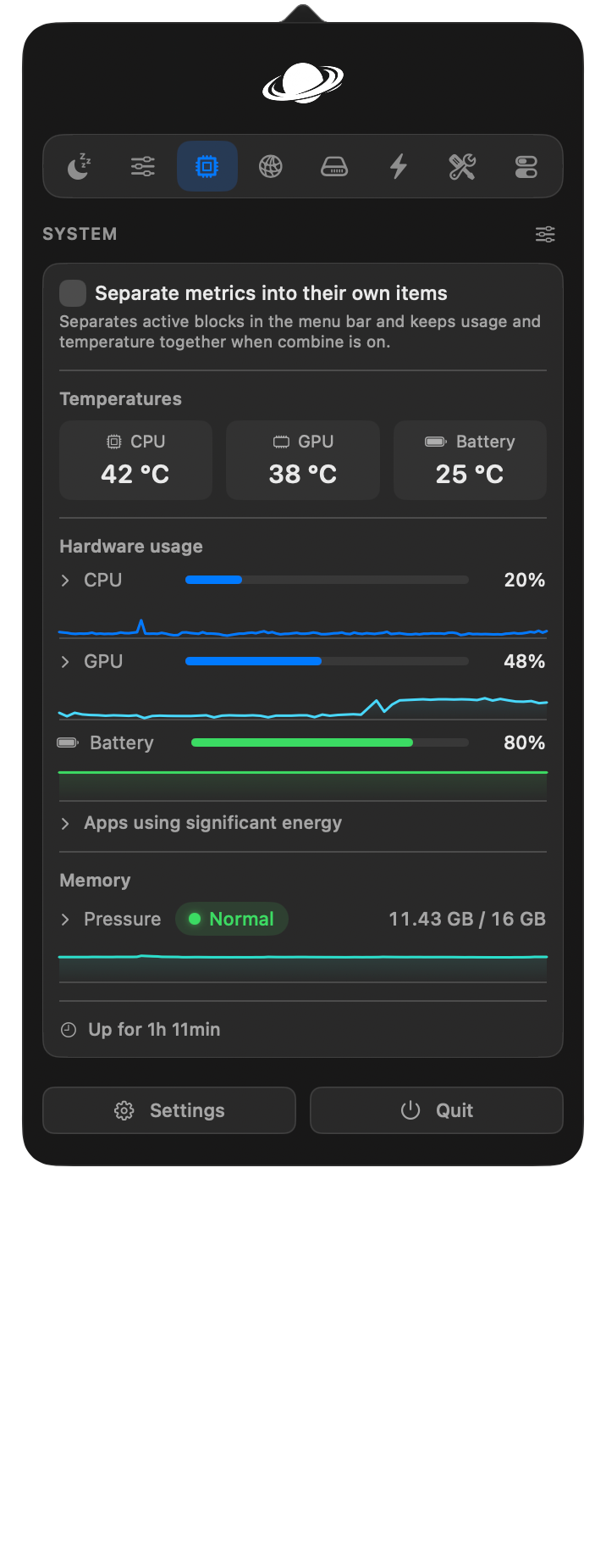 System tab with temperatures, usage graphs and memory pressure