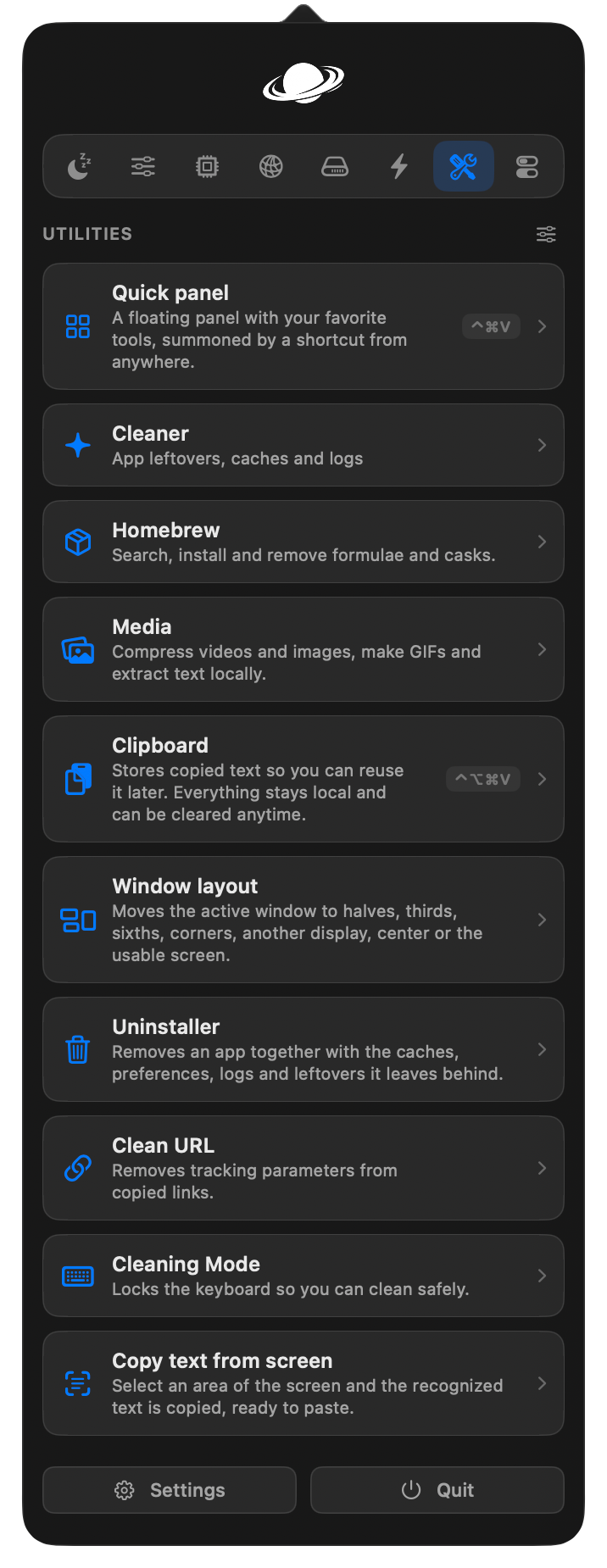 Utilities with cleaner, Homebrew, media tools and clipboard