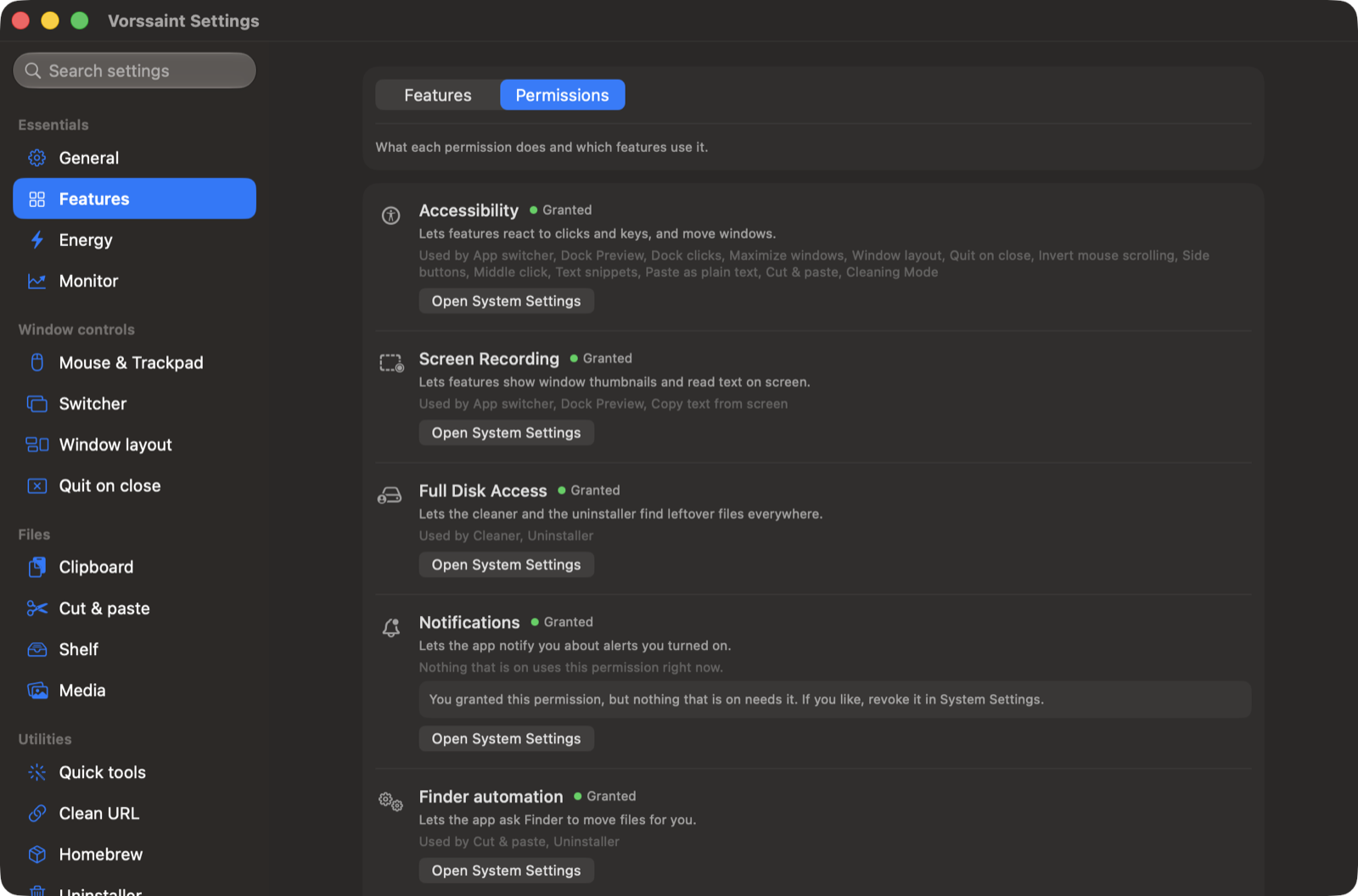 The Permissions page showing what each permission does, which features use it, and an unused permission warning