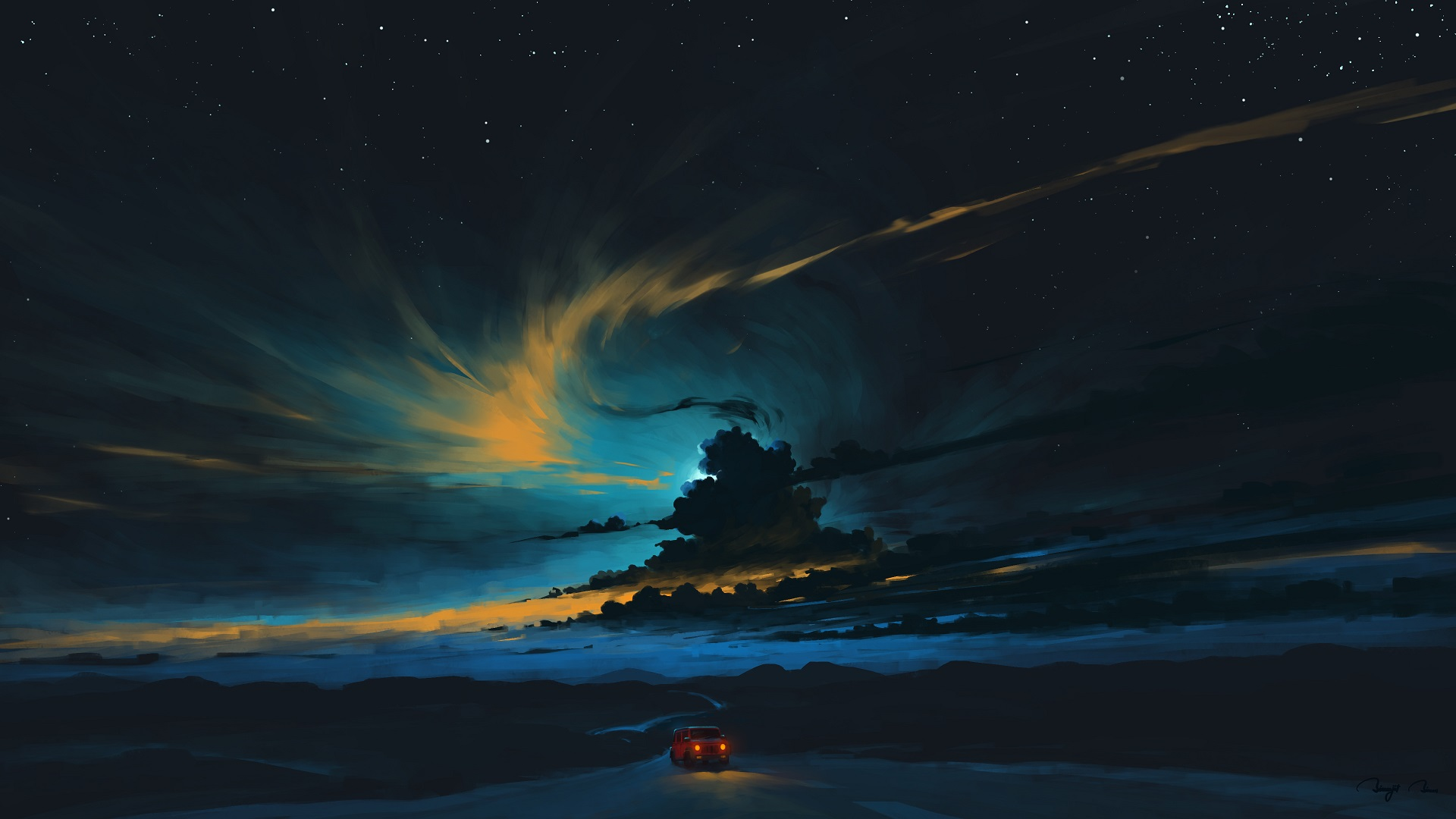 a car driving on a road at night