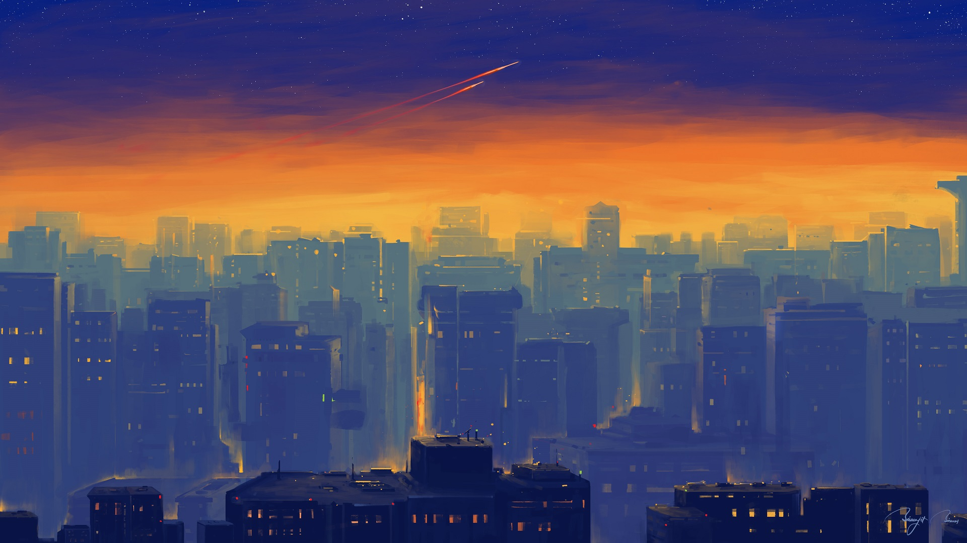 a city skyline with a plane in the sky