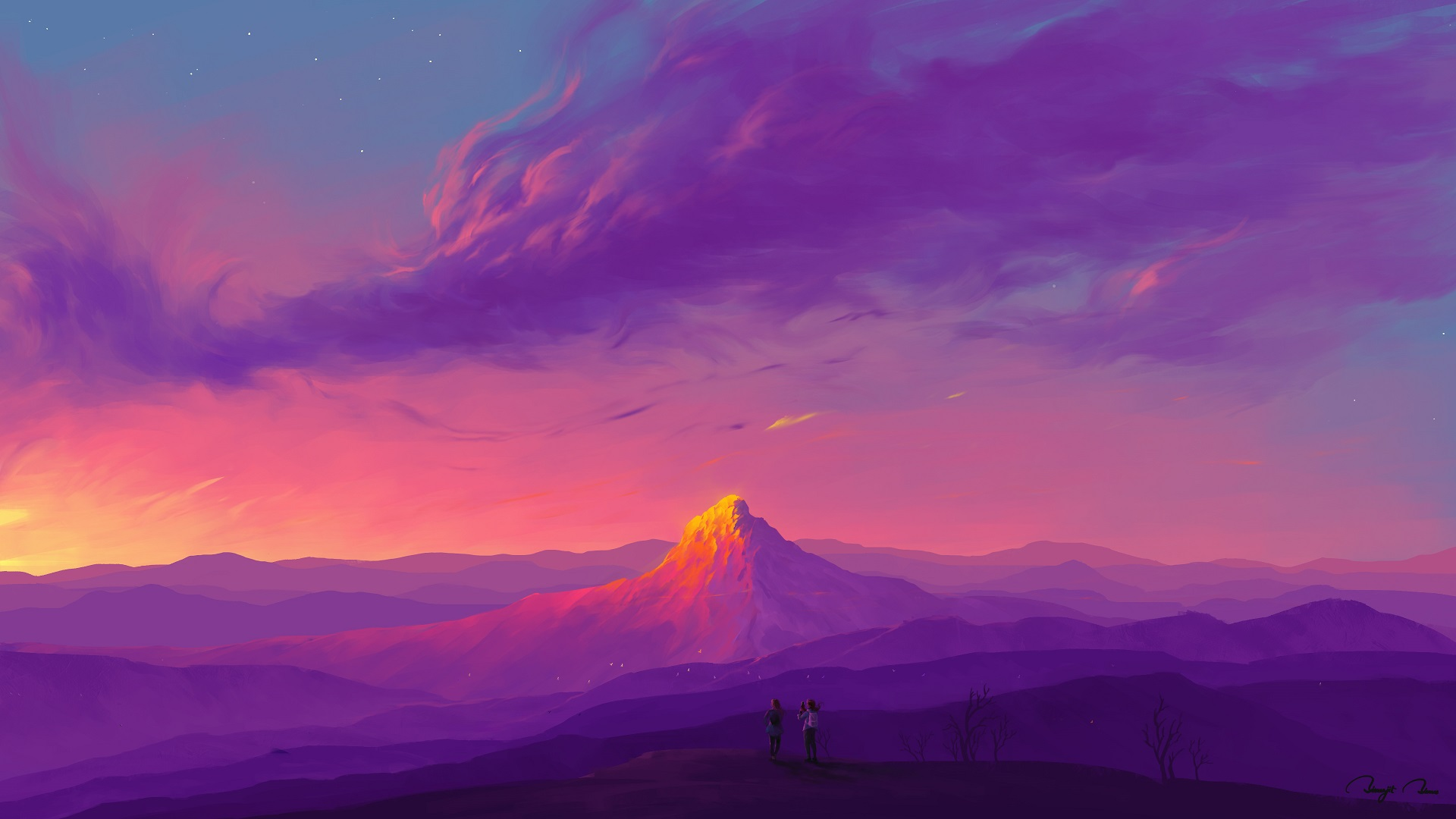 a couple of people standing on a mountain