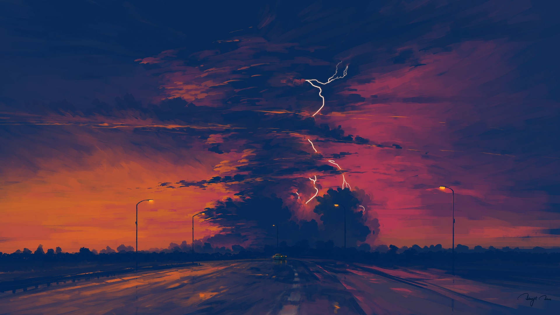 a road with lightning bolts in the sky