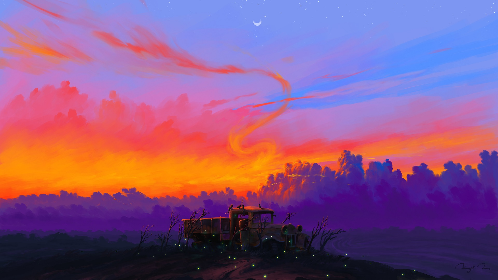 a truck in the sunset