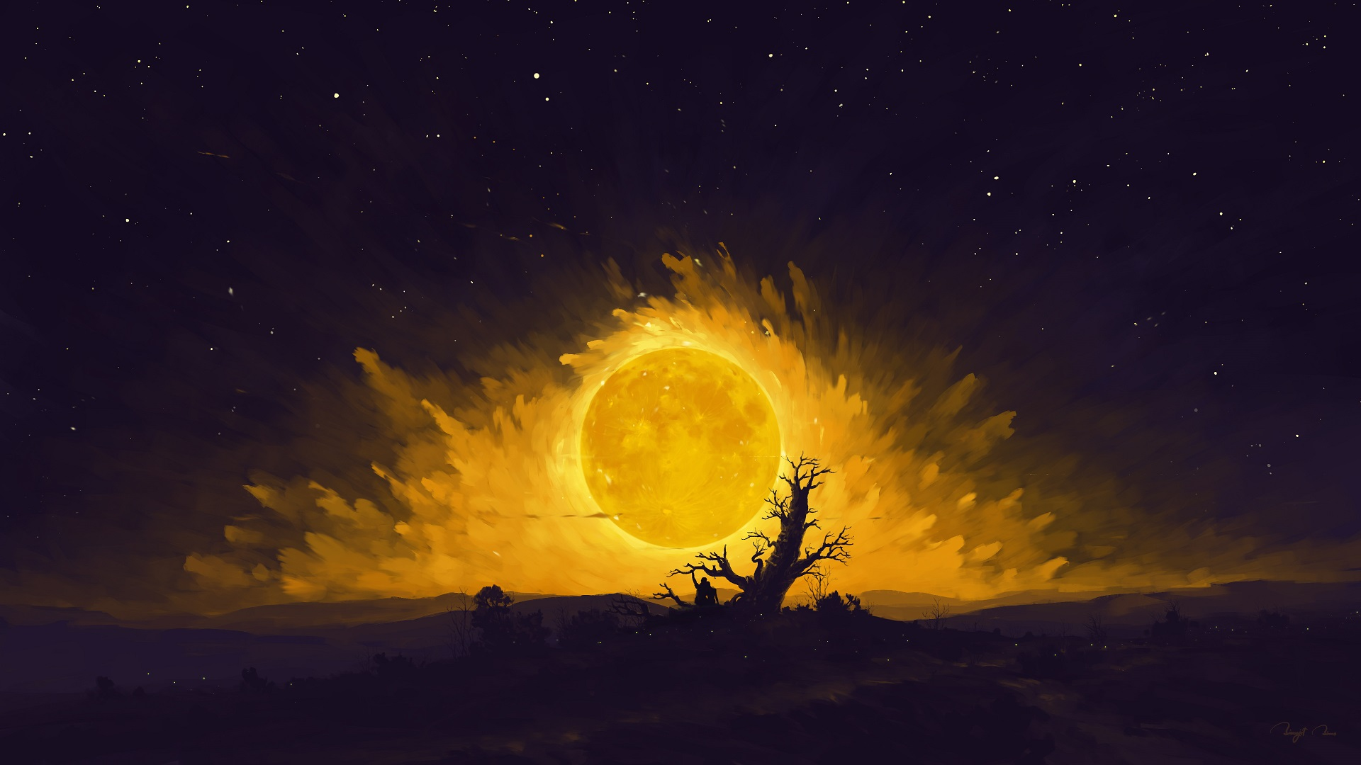 a yellow moon in the sky
