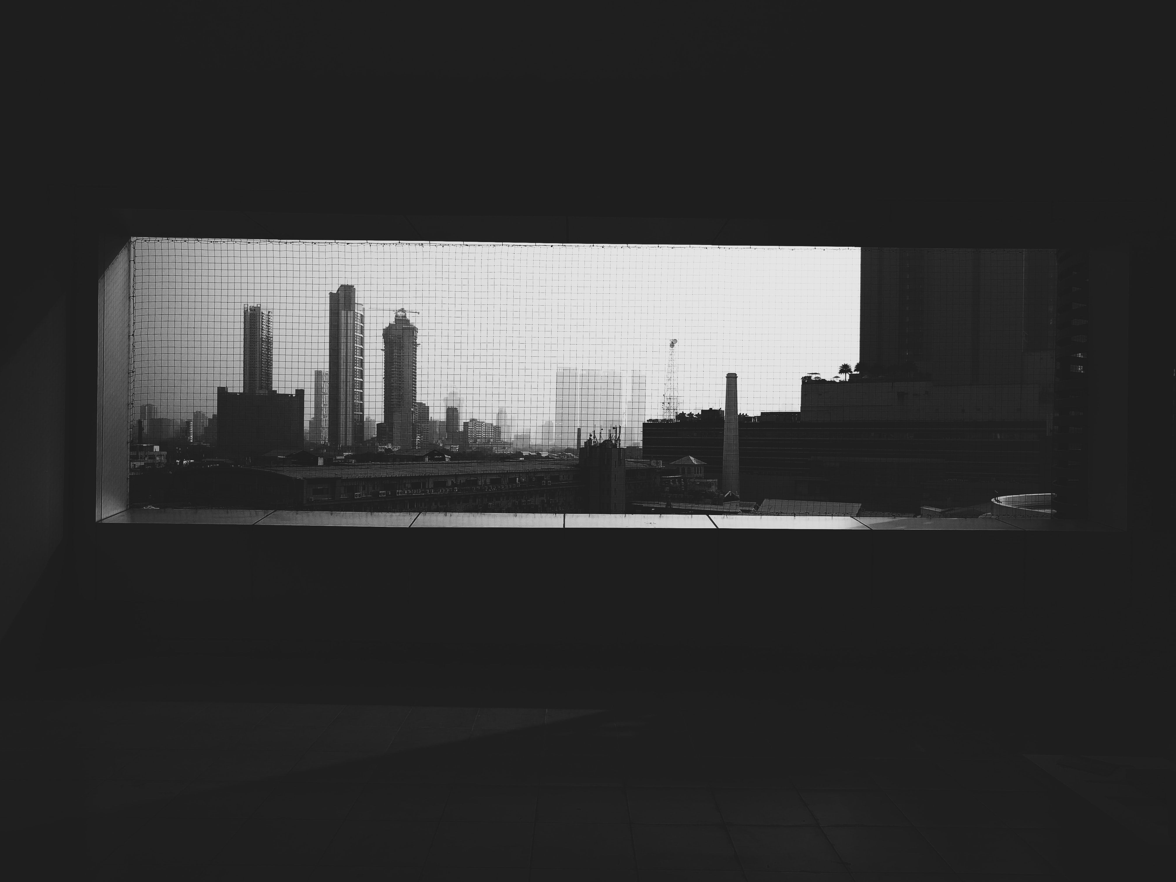 a city skyline seen through a window
