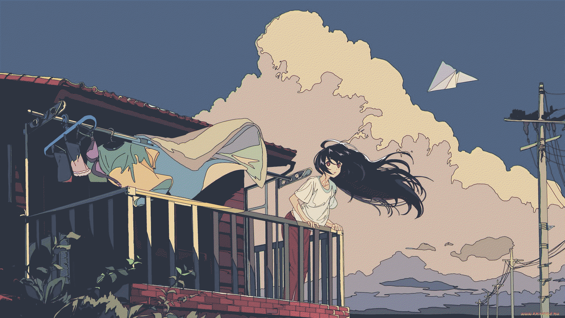 a cartoon of a woman on a balcony