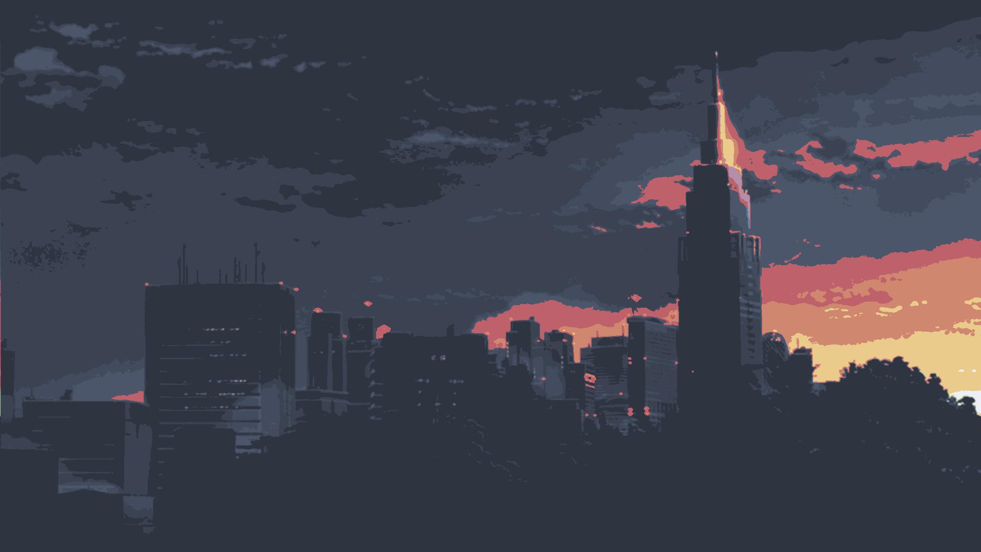 a city skyline with a tall tower