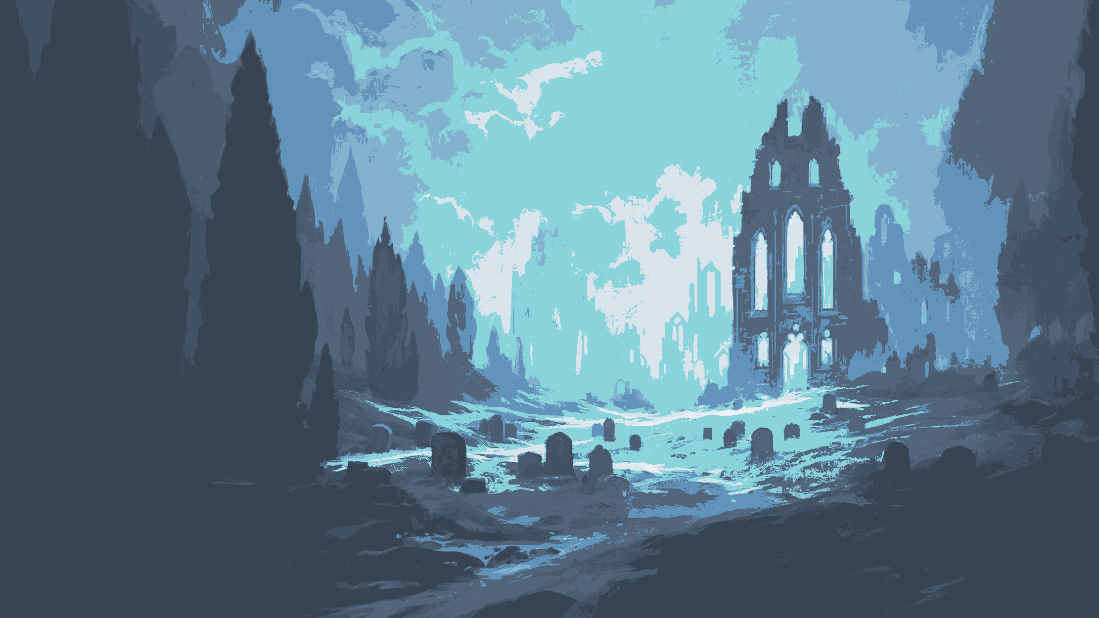 a graveyard with a castle and trees