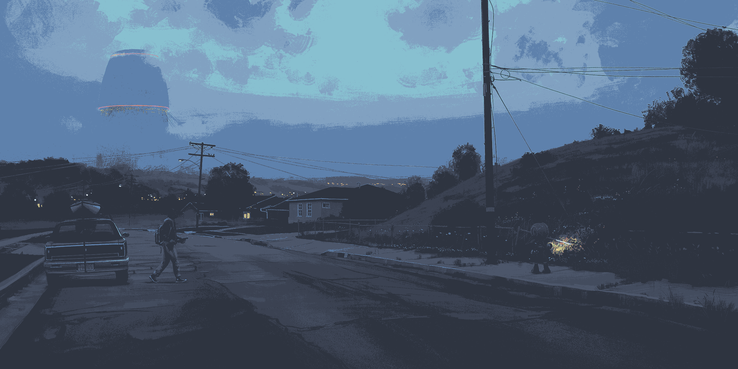 a street with houses and power lines