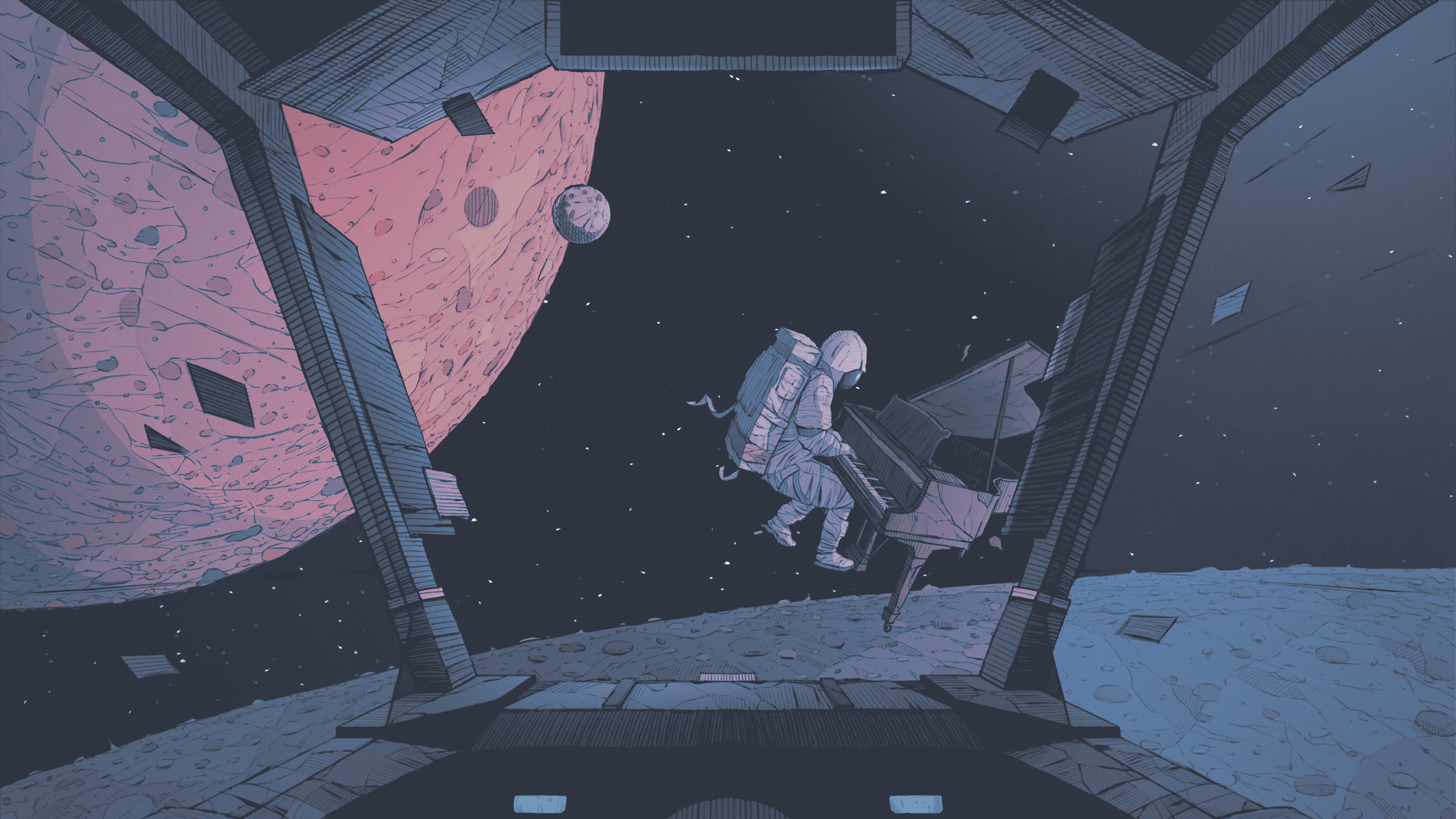 an astronaut playing a piano