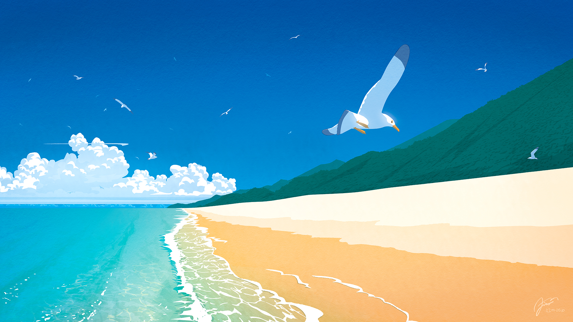a bird flying over a beach