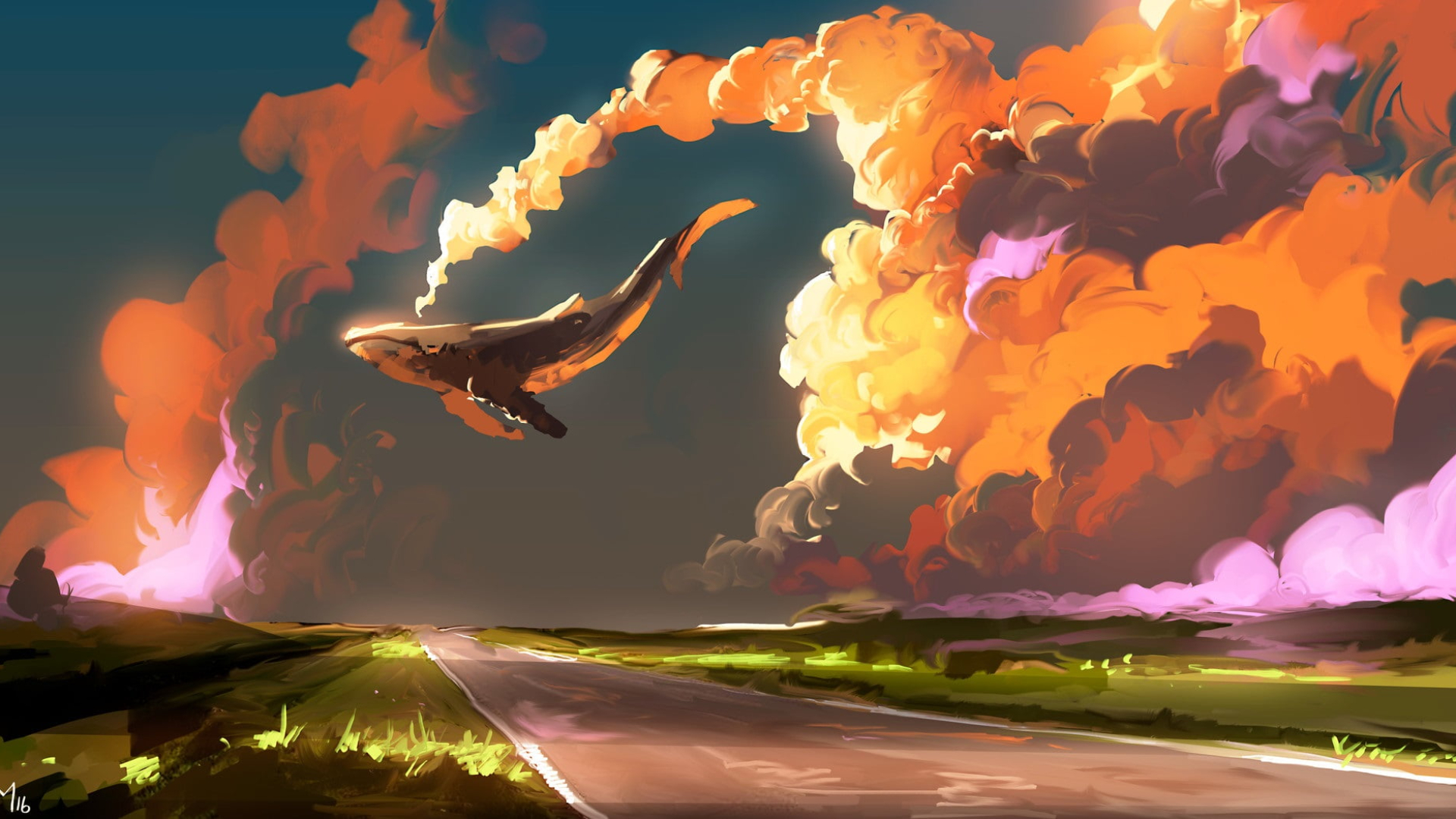 a cartoon of a whale flying over a road
