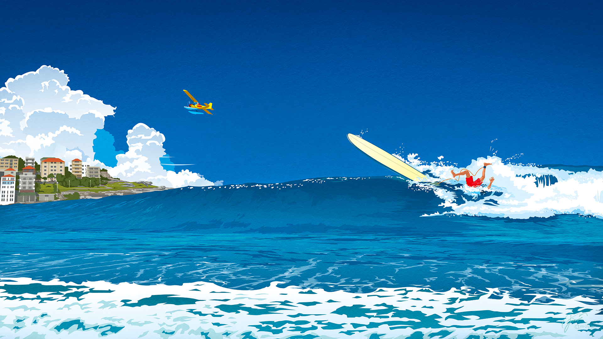 a couple of planes flying over a wave