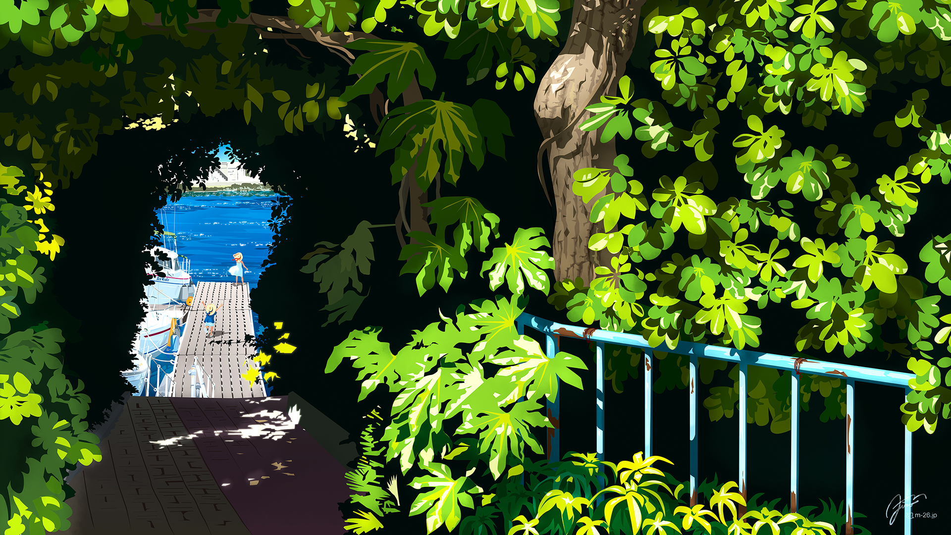 a deck with trees and a railing