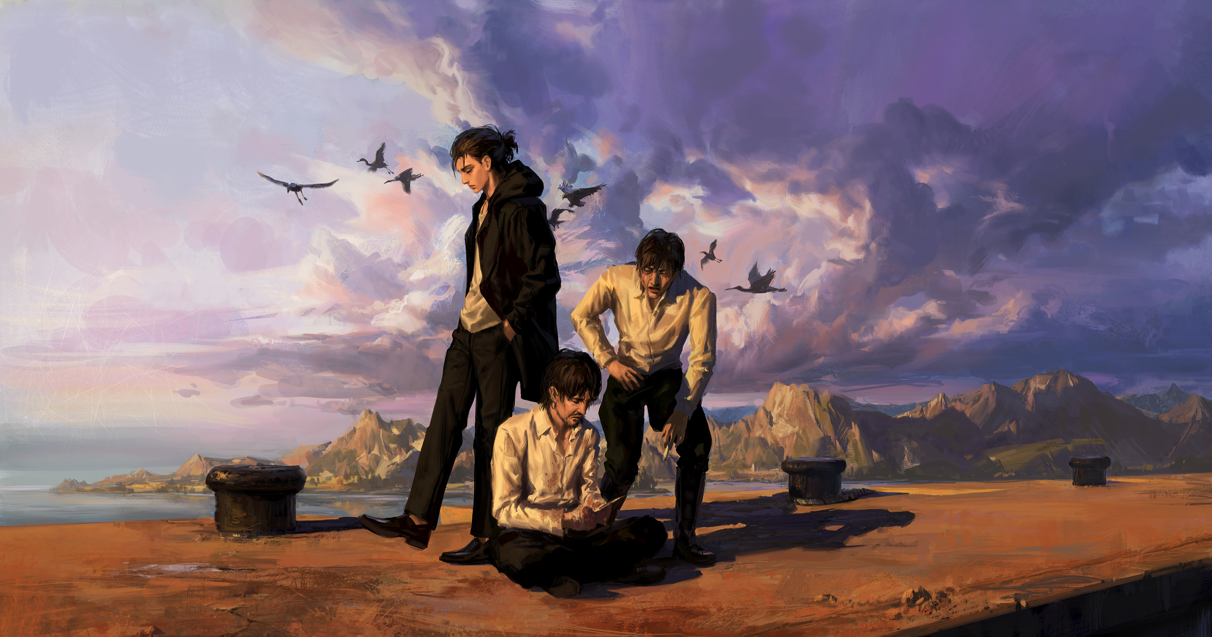 a group of men standing on a beach