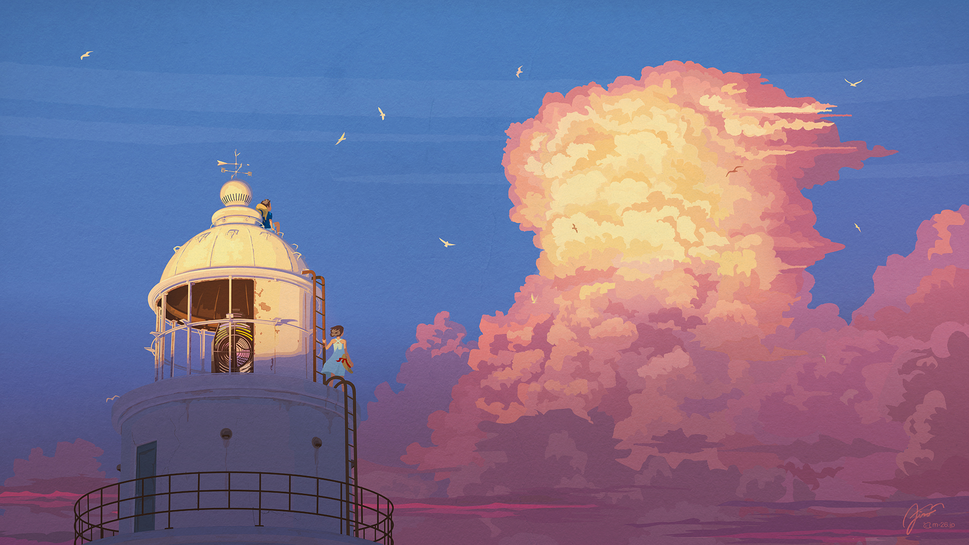 a lighthouse with a large cloud of pink clouds