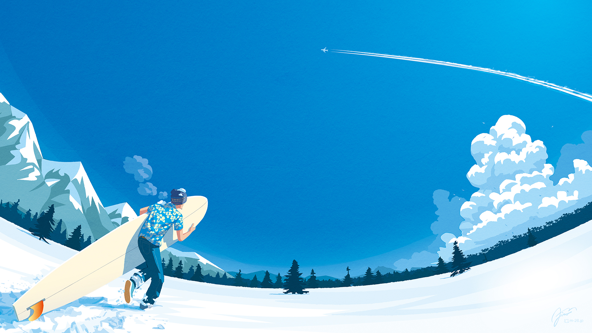 a man carrying a surfboard in the snow