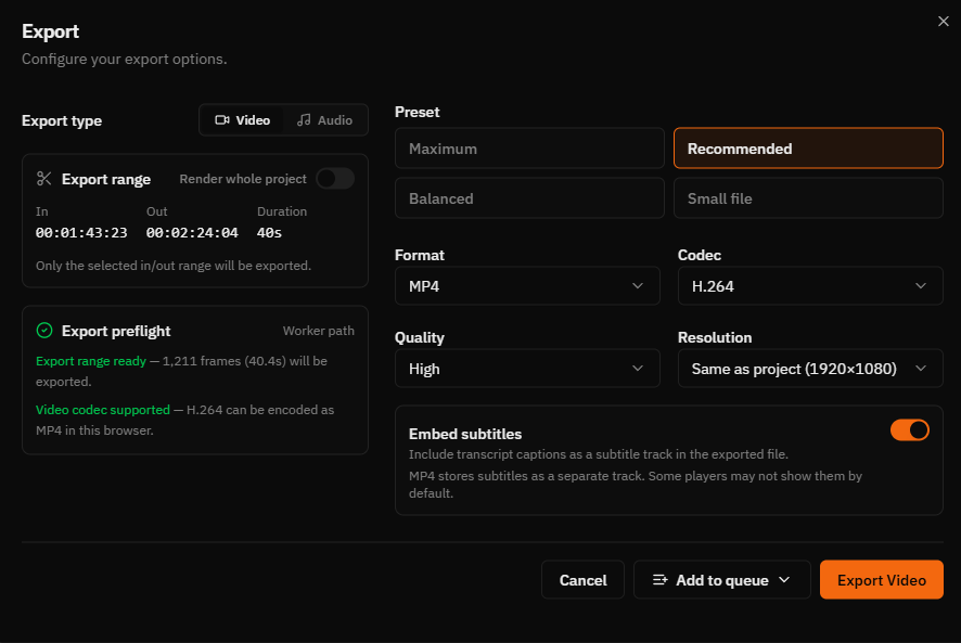 FreeCut export dialog