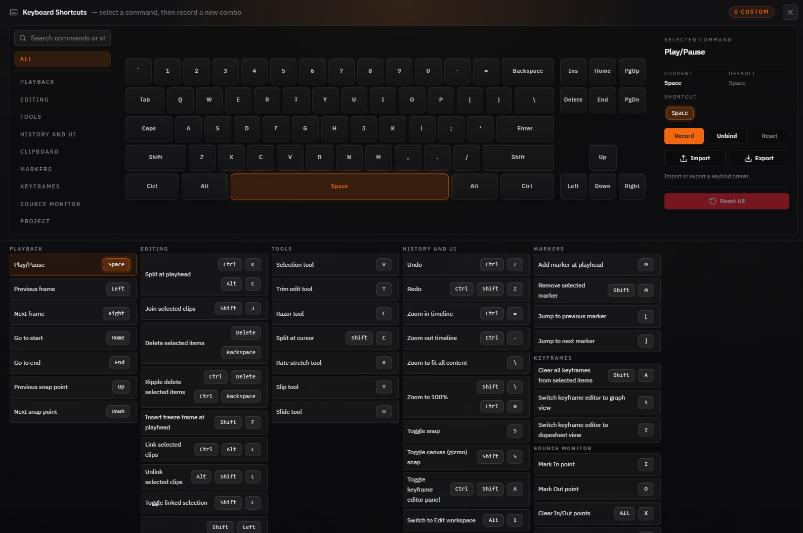 FreeCut hotkey editor
