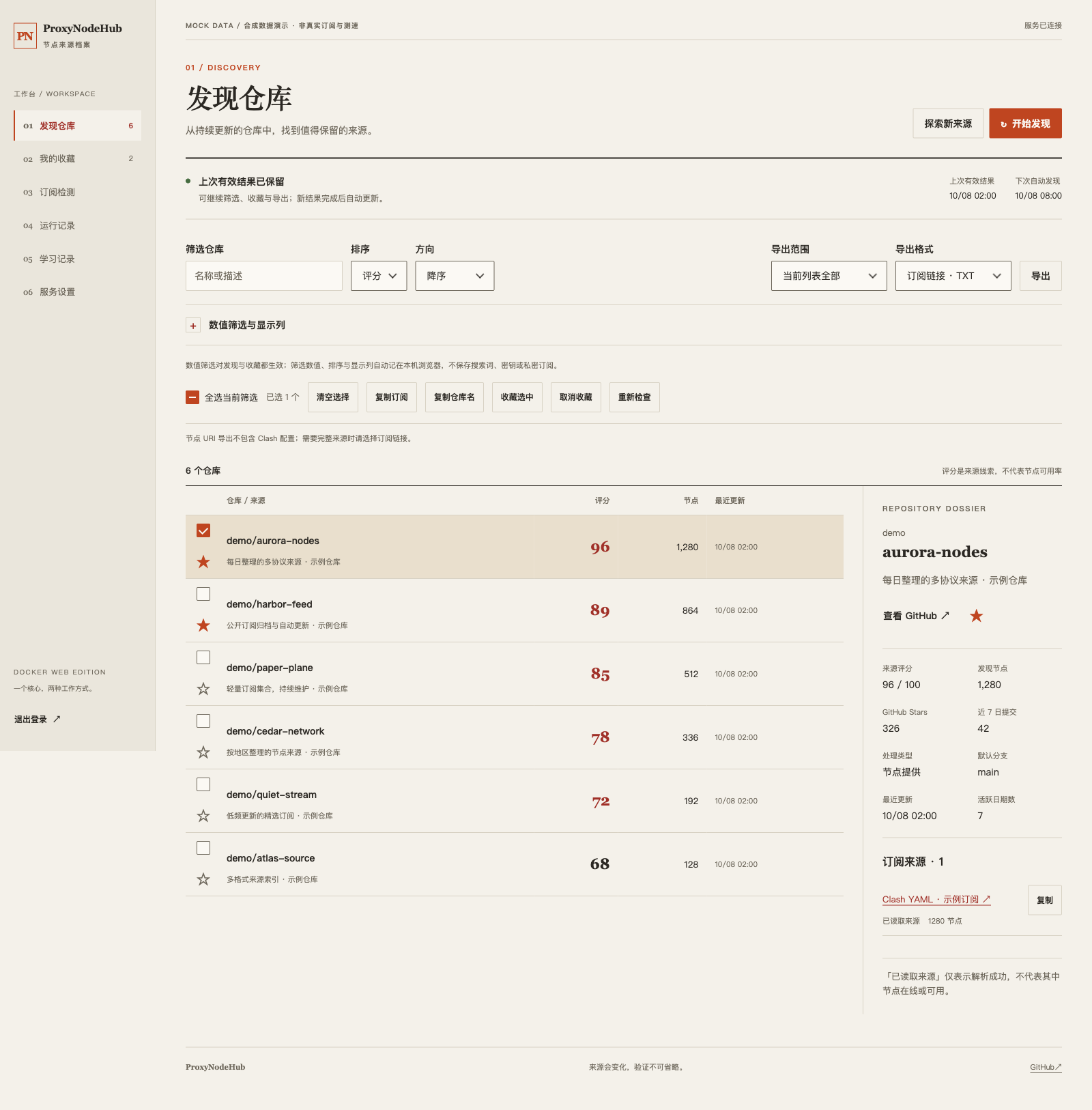 Docker Web 发现仓库界面,全部为 mock 演示数据