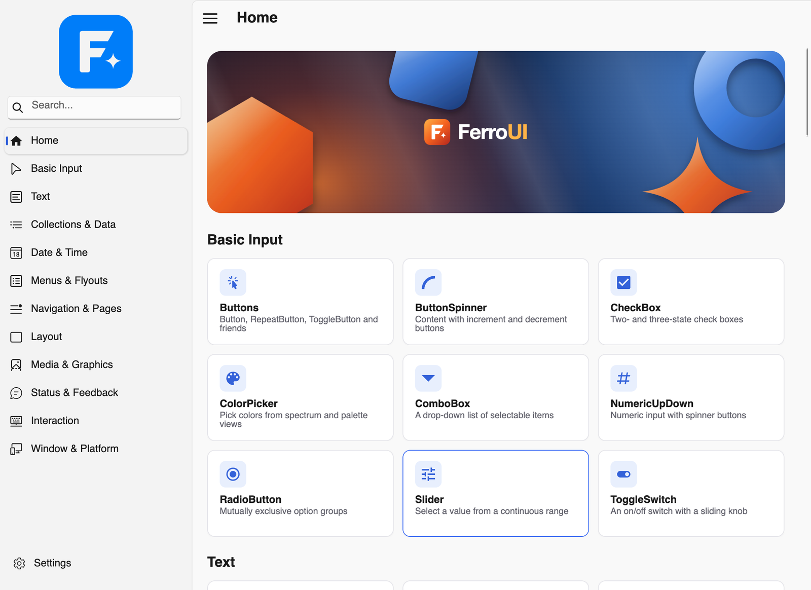The home page of the ControlCatalog with the WinUI 3 theme on macOS