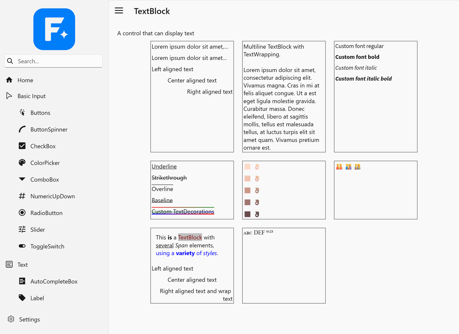 The TextBlock page of the ControlCatalog on Windows: trimming, wrapping, alignment, decorations, inlines and colour emoji