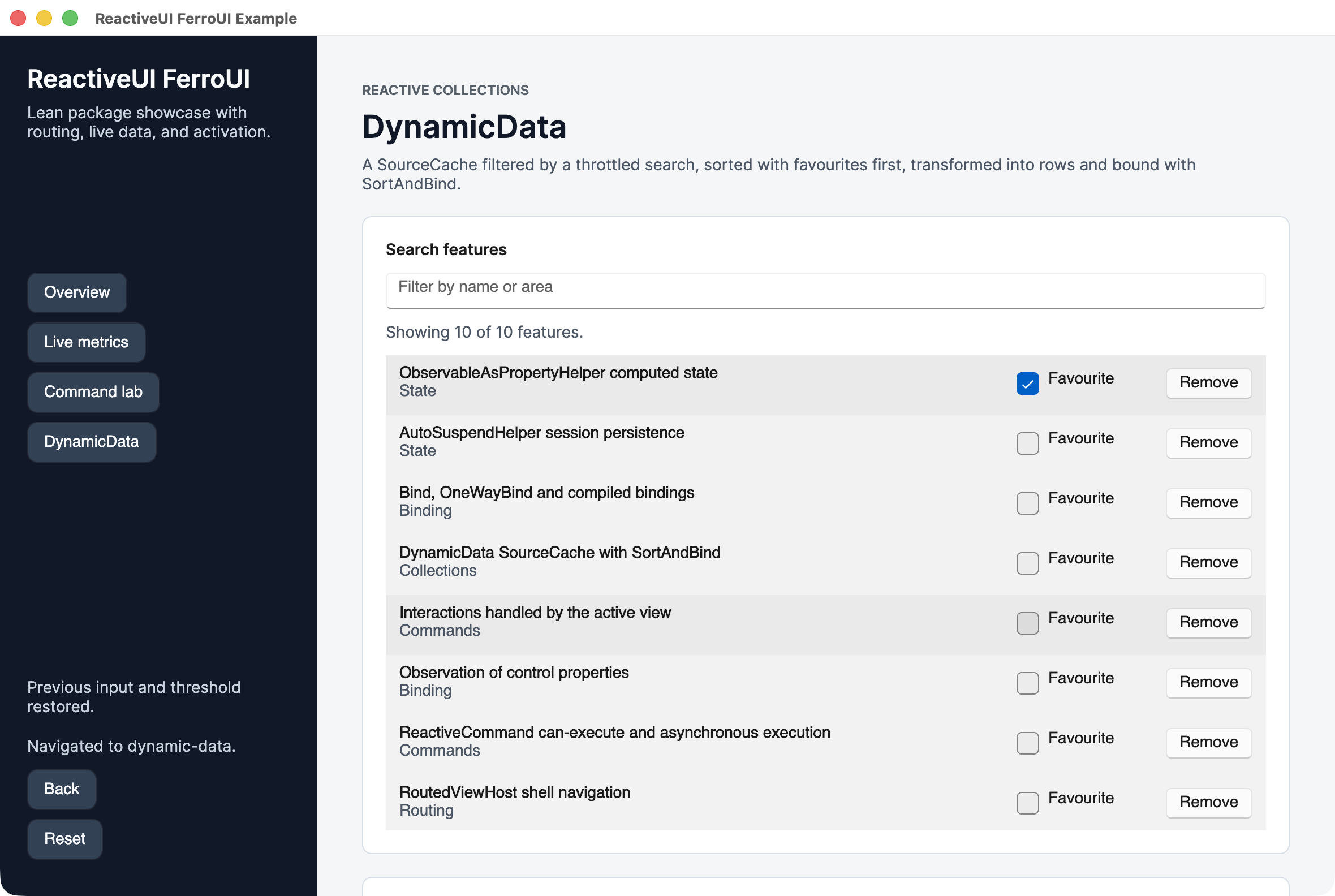 The DynamicData page of the ReactiveUI example: a searchable list of features with favourites sorted first