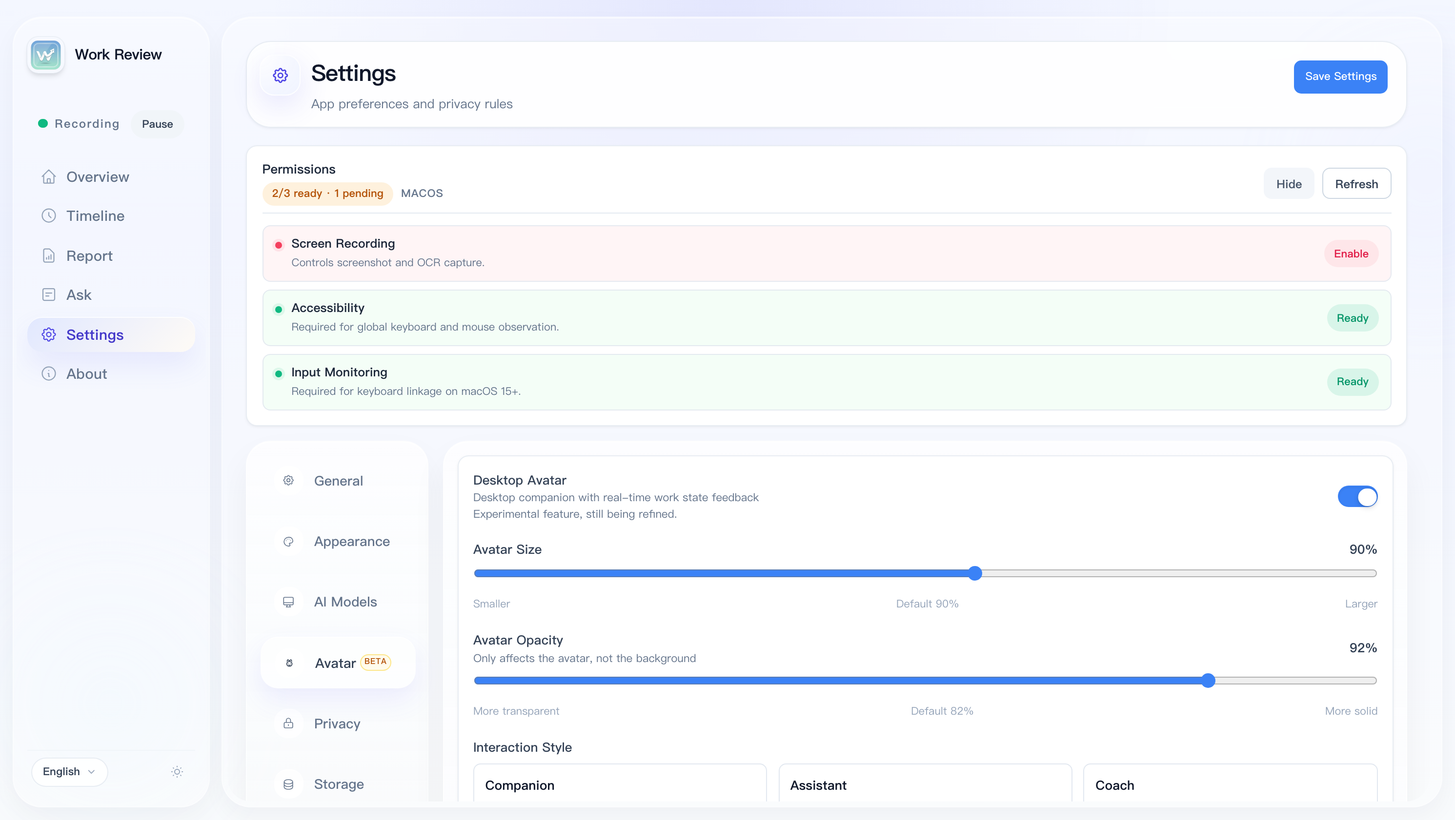 Desktop Avatar Settings