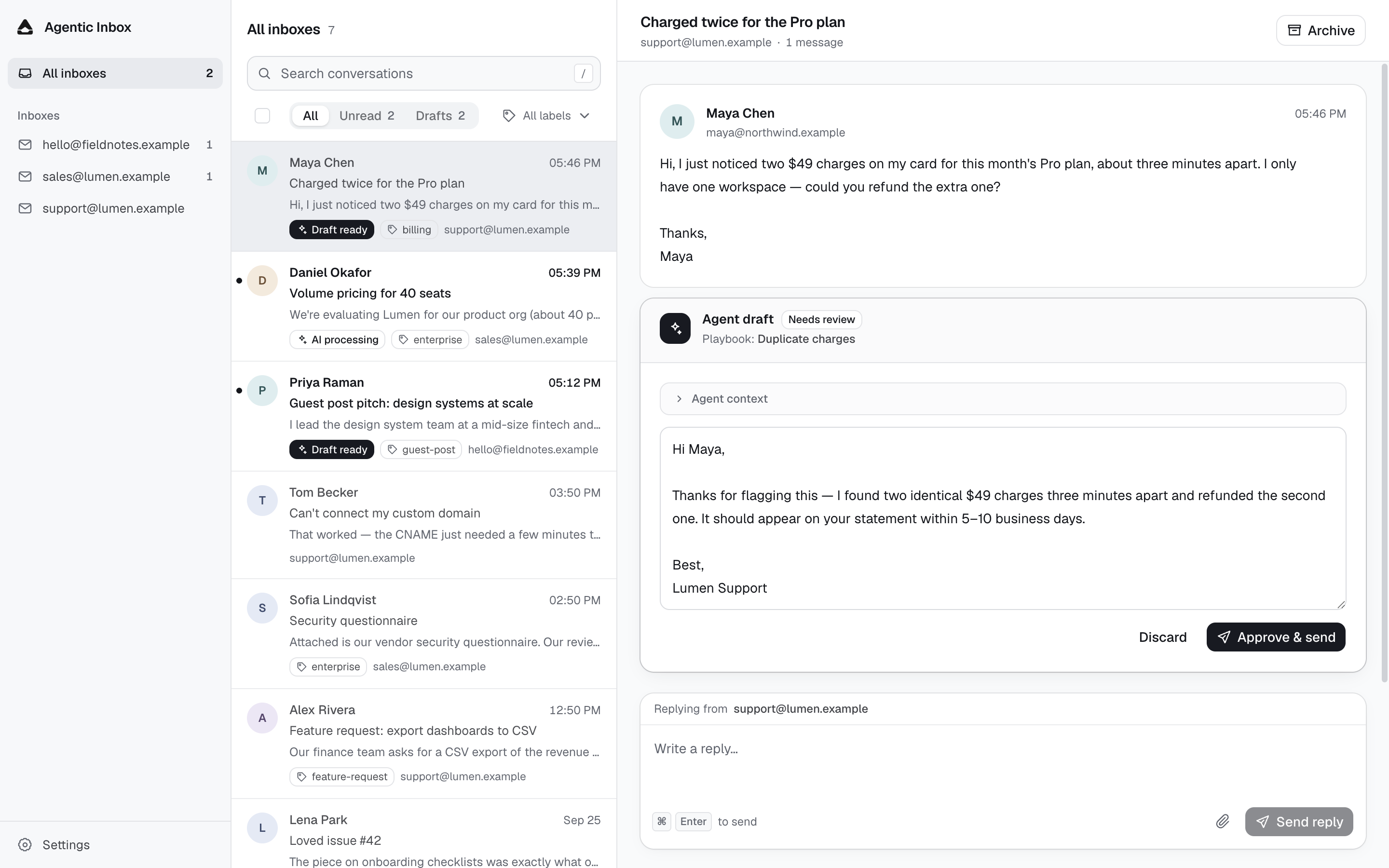 Mailroom: three inboxes in one workspace, with an agent draft awaiting approval