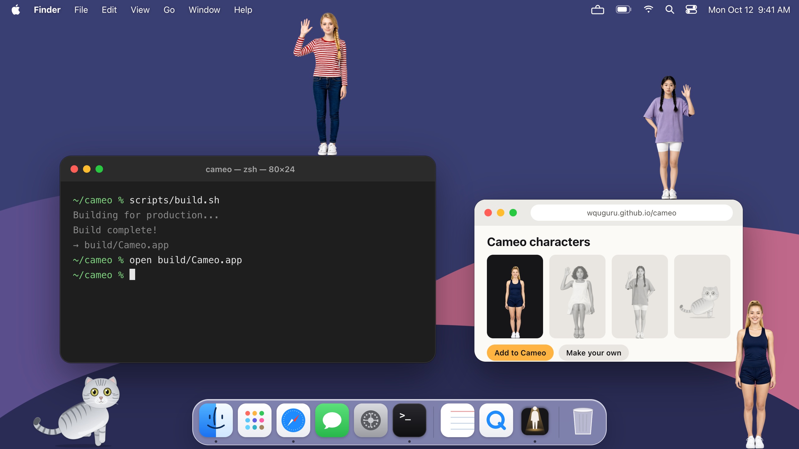Cameo characters standing on windows and walking along the bottom of a Mac desktop