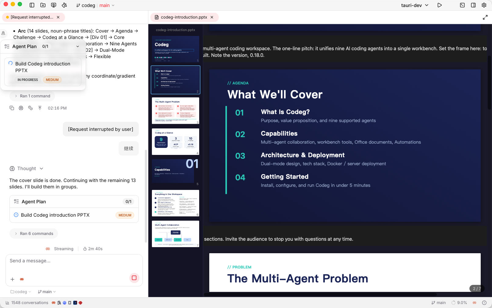 An agent editing an Office document beside its live in-tab preview
